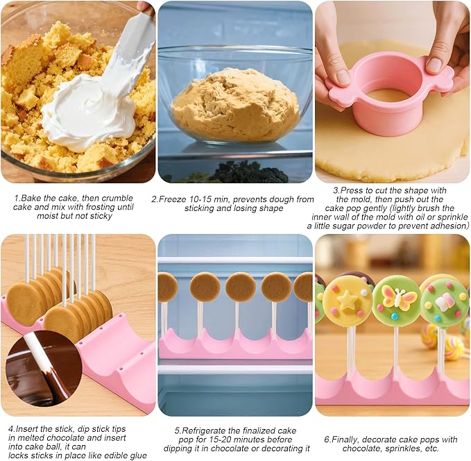 Juome Round Cake Pop Mold with 9 Inch Tray Stand, ABS Cake Pop Cutter and Pusher Set, Circle Cake Pop Maker Kit, Baking Molds for Birthday Parties, Home Baking Desserts