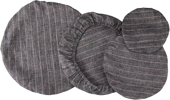 100% Pure Linen Bowl Covers For Bread Proofing, 4 Pcs Elastic Reusable Bowl Covers Large Ticking Striped Cloth Fabric Stretch Sourdough Lids, 6 * 8 * 10 * 12 Inches- Black