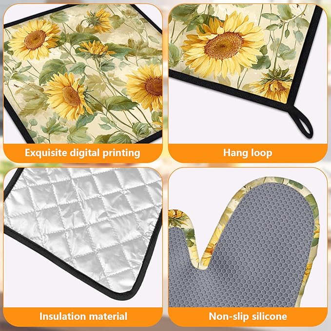 Sunflower Oven Mitts and Pot Holders Sets 4Pcs Silicone Non-Slip Mitts Heat Resistant Gloves Hot Pads for Kitchen Cooking Baking Grilling BBQ