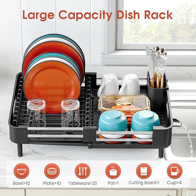 TOOLF Dish Drying Rack, Expandable Dish Rack for Kitchen Counter, Anti-Rust Dish Drainer, Sink Organization and Storage Essentials with Cutlery & Cup Holder, Black