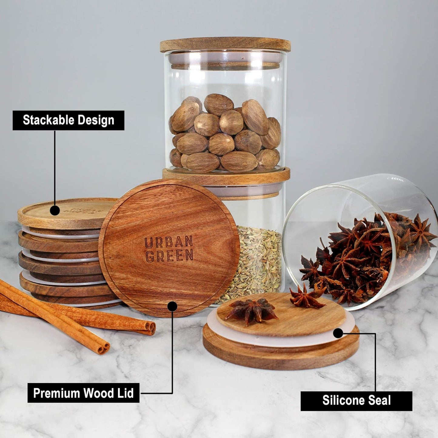 Urban Green Glass Jars with Airtight Lids, Airtight Canisters with Wood Lids, Glass Storage Containers with Bamboo Lid, Food Storage Containers Set (6 Pack of 27oz)
