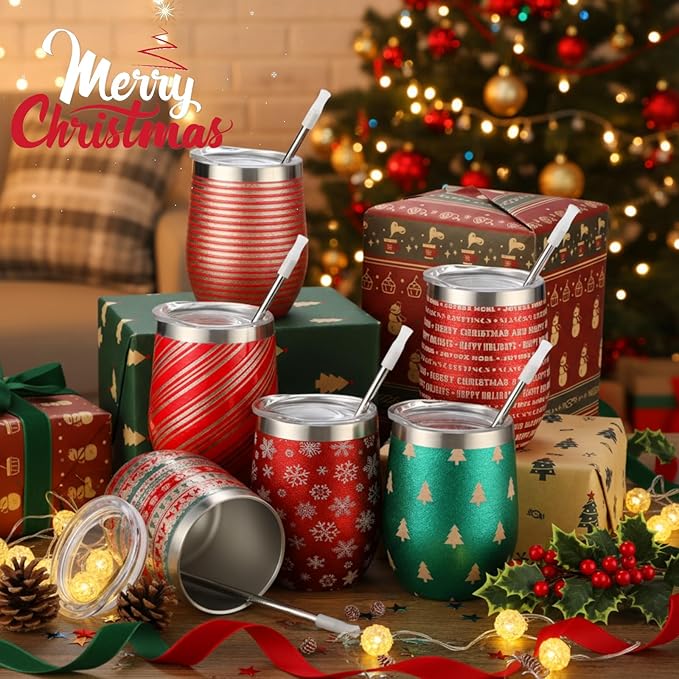 Sliner 6 Pack Pack Christmas Glitter Tumbler Bulk, 12 oz Holiday Wine Tumbler Set Stainless Steel Insulated Sparkling Glitter Cup with Lids Straws and Brushes Travel Mug Xmas Gift (Stripe Style)
