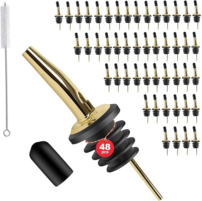 48 Pack Stainless Steel Bottle Pourers for Alcohol, Liquor, and Wine - Bar Accessories, Spouts for Bottles and Dispensers (gold)