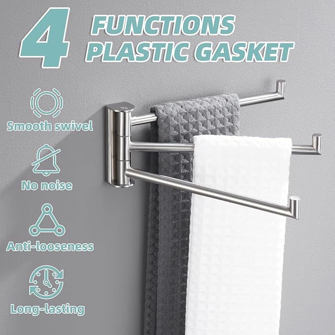 APLusee Brushed Nickel Swivel Towel Rack, 304 Stainless Steel Foldable Towel Bar with Three Swing Arm, Wall Mounted