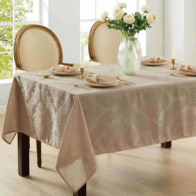 Newbridge Barcelona Luxury Damask Fabric Tablecloth, 52” Wide x 52” Square, Golden Beige, 100% Polyester, No Iron, Soil Resistant Dining Room, Party and Banquet Table Cover