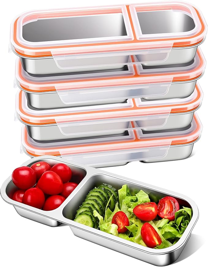 5 Pack Stainless Steel Snack Containers for Kids & Adults - Leek Proof Metal Bento Lunch Box with 2 Compartment - Lunchable Containers for Daycare, School, Work, Travel - Stackable Snack Bento Box