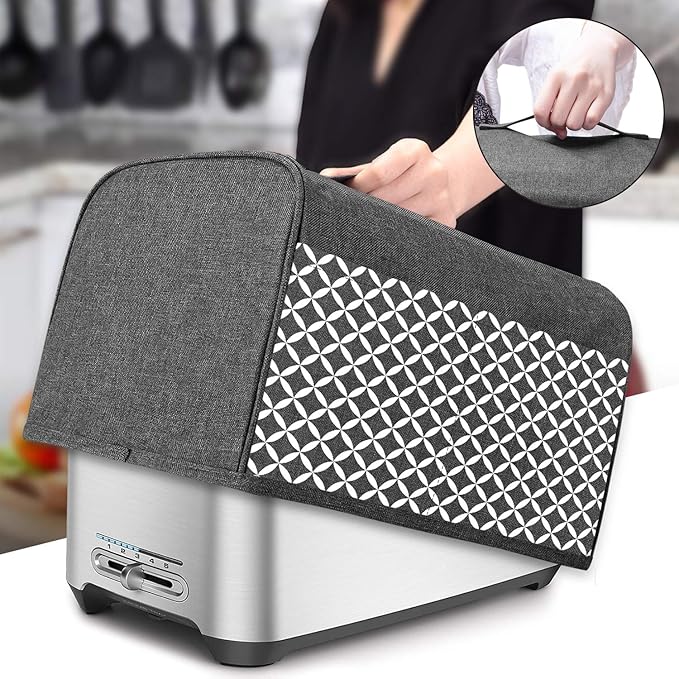 Yarwo 4 Slice Toaster Cover with Pockets and Top Handle, Nylon Toaster Cover Fits for Most 4 Slice Long Slot Toasters, Gray with Grid