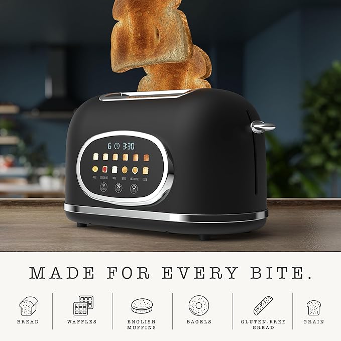 Rae Dunn Retro Digital Electric Toaster, 2 Slice Stainless Steel Toaster With Touchscreen, Countdown Timer, 6 Shade Settings, Wide Slots, High Lift Lever, Bagel, Defrost & Reheat, Digital Black