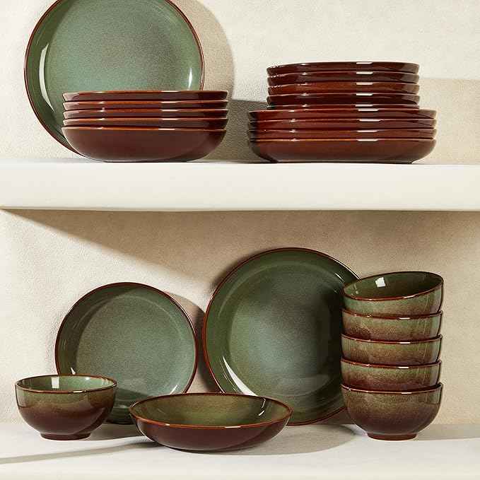 24 Piece Double Bowl Dinnerware Sets with Pasta Bowls, Highly Chip and Crack Resistant Plates and Bowls Sets, Natural Earthyware Ceramic Dishware Sets, Service for 6 Brown Green