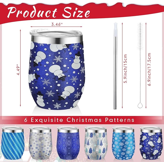 Sliner 6 Pack Pack Christmas Glitter Tumbler Bulk, 12 oz Holiday Wine Tumbler Set Stainless Steel Insulated Sparkling Glitter Cup with Lids Straws and Brushes Travel Mug Xmas Gift (Snowflake Style)