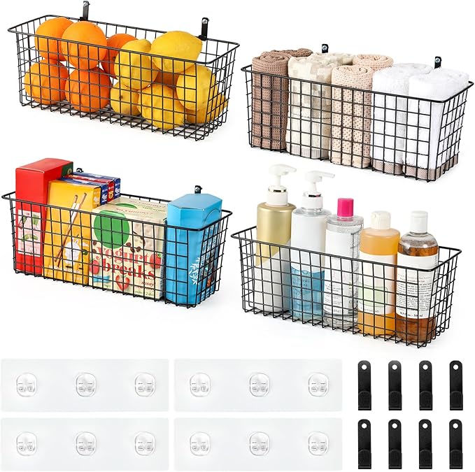4 Set [EXTRA LARGE] Hanging Wall Mount Storage Baskets with Adhesive Hooks & Steel Hooks, Multiuse Sturdy Wire Metal Organizing Baskets for Home Kitchen Bathroom Pantry Utility Organizer, Black