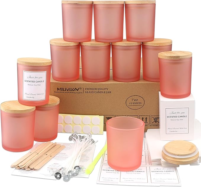 MILIVIXAY 12 Pack 7 OZ Frosted Pink Glass Candle Jars with Lids and Candle Making Kits - Bulk Empty Candle Jars for Making Candles - Spice, Powder Containers.