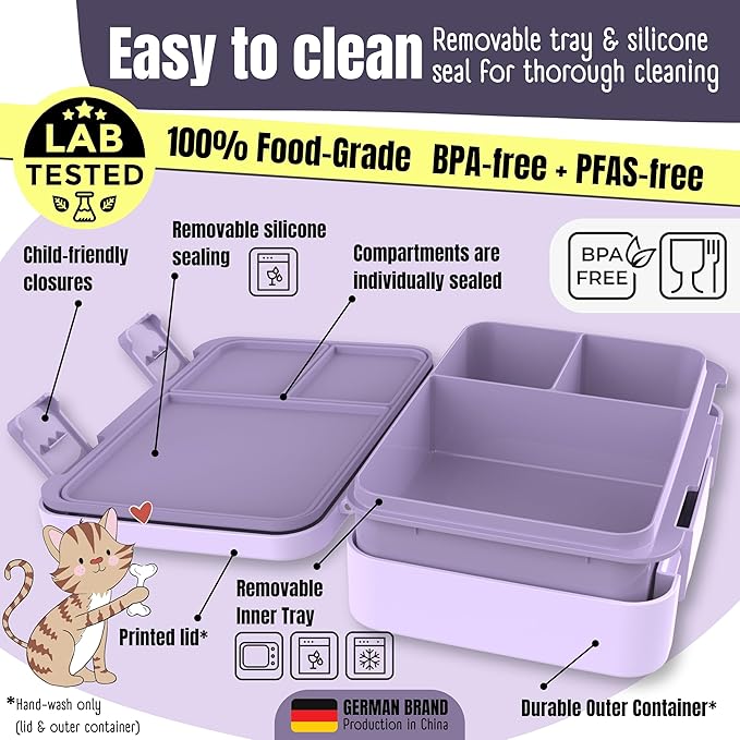 BEARFOOT Kids Lunch Box with Compartments – Compact & Lightweight | Leak-Proof, BPA-Free, Dishwasher & Microwave Safe | Hand-Drawn Design for Preschool, School, Travel (Unicorn Purple, 2.75 Cups)