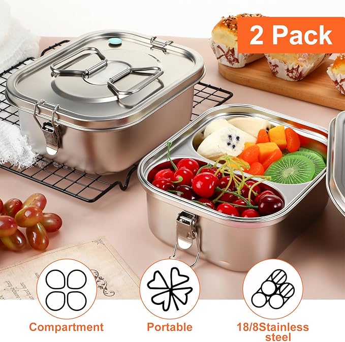 2 Pieces Metal Bento Box for Adults Metal Lunch Box Stainless Steel Bento Containers Leakproof Dual Tiers Lunch Container With Airtight Valve Handle Dishwasher Safe(Medium)