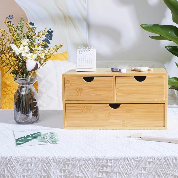Charmewooden Bamboo Desk Organizer with 3 Drawers, Countertop Organizer with Drawers Makeup Storage Drawer 3 Drawers Tabletop Storage Organization Box Home Office Workspace