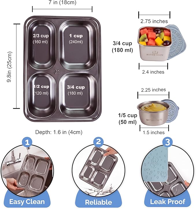 Stainless Steel Lunch Box for Kids 5 and Older – 3 Pieces Stainless Steel Bento Box with 4 Compartments & 2 Snack Containers – Leak Proof, BPA-Free, Eco-Friendly, Dishwasher Safe & Durable – Blue