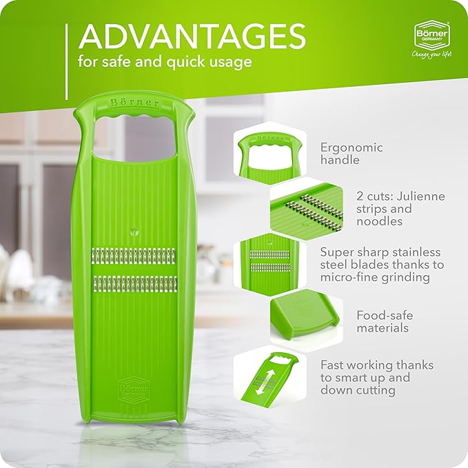 Börner Roko PowerLine Vegetable Slicer • Julienne Cutter for Fruit and Vegetables • Julienne Slicer for Fine Strips • Fine Vegetable Grater • Kitchen Slicer (Green)