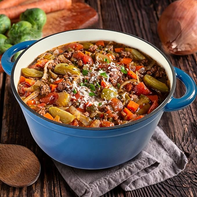 Enameled Cast Iron Dutch Oven with Lid, 3 Quart Heavy Duty Cookware Pot with Dual Handles for Bread Baking, Braising, Stews, Roasting and Oven Safe, Blue