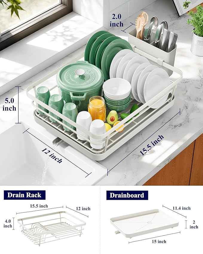 Kitsure Dish Drying Rack for Kitchen Counter, Stainless Steel Sink Organization and Storage Essentials with Cutlery Holder, Home and Appartment Decor, 12''W x 15.5''L, Light Grey