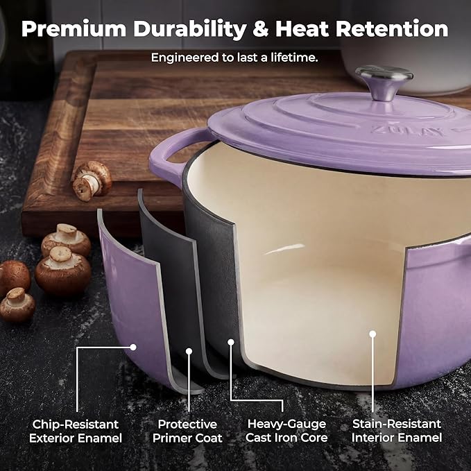 Zulay Kitchen 6 Quart Enameled Cast Iron Dutch Oven Pot with Lid – Premium Durability & Oven Safe up to 500°F – Heavy Duty Cookware Perfect for Bread Baking, Stews, Braising & Roasting - Lavender Jade