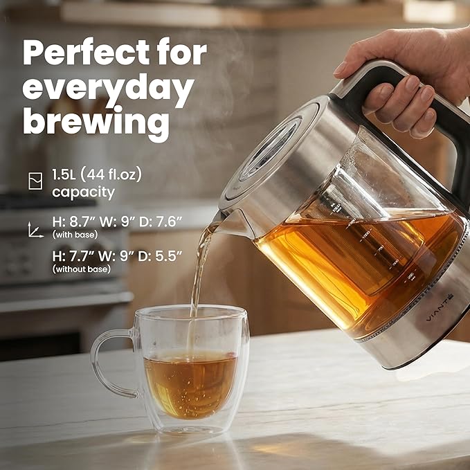 Vianté Electric Tea Kettle With Infuser for Loose Leaf, No Plastic In Contact With Water, Hot Tea Maker with Temperature Control, Automatic Shut Off, 1.5L Borosilicate Glass