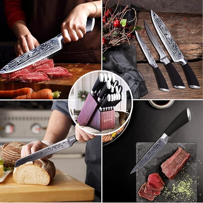Japanese Knife Block Set 15PCS with Bulid-in Sharper in Knife Block and 6 Steak Knives Professional Self Sharpening Knives Set Damasucs Style German Stainless Steel Best Housewarming&Wedding Gift
