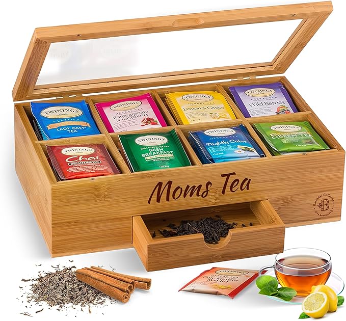 Personalized Tea Box with Custom Engraving - Bamboo Tea Bag Organizer with 8 Compartments, Acrylic Lid - Unique Mother’s Day Gifts for Mom, Grandma, Wife - Gift Idea for Tea Lovers (Tea Not Included)