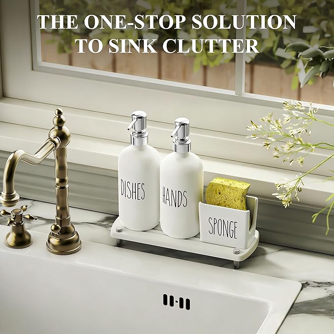Cisily Kitchen Soap Dispenser Set Comes with Ceramics Sponge Holder, Gold Pumps, and Instant Dry Tray, Hand and Dish Soap Dispenser Set (4, Silver + White + Sponge Holder)
