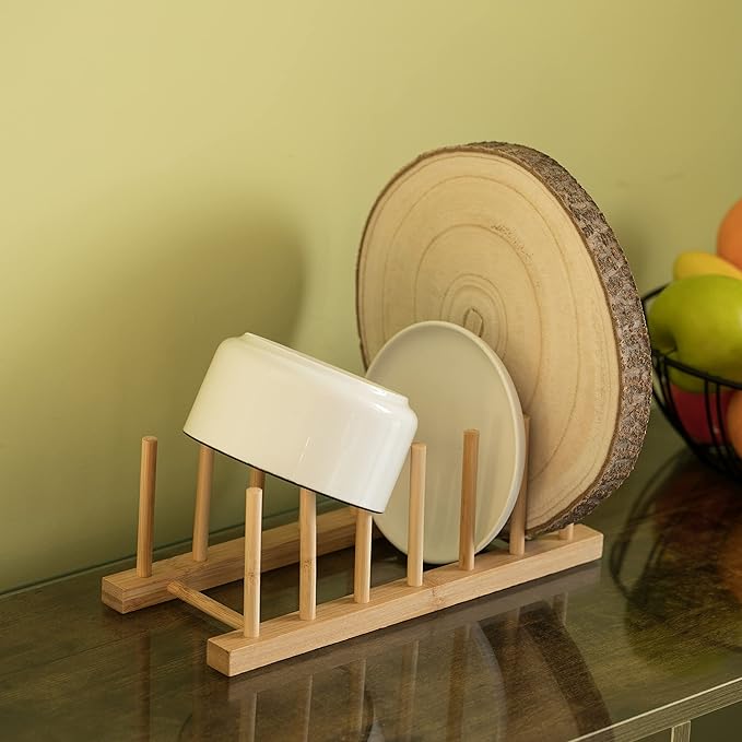 Set of 2 Bamboo Wooden Dish Drainer Rack, Plate Rack, and Drying Drainer (6 Grid)
