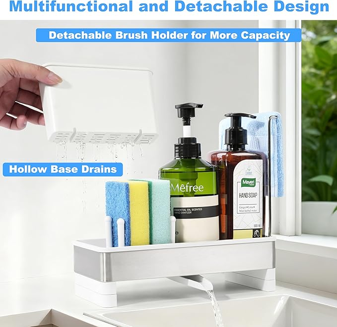 Kitchen Sink Caddy Organizer, Stainless Steel Sponge Holder, Kitchen Caddy Sink Organizer with Dish Brush Holder and Dishcloth Rack, Rustproof Dish Sponge Drying Rack for Countertop Storage