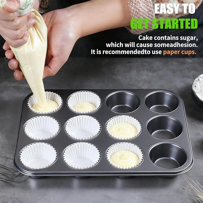 Muffin Pan for Baking, Nonstick Cupcake Tin 12 Cup, 2 Pack Cup Cake Tray, Premium Cheesecake Pans, Dishwasher Safe- Carbon Steel
