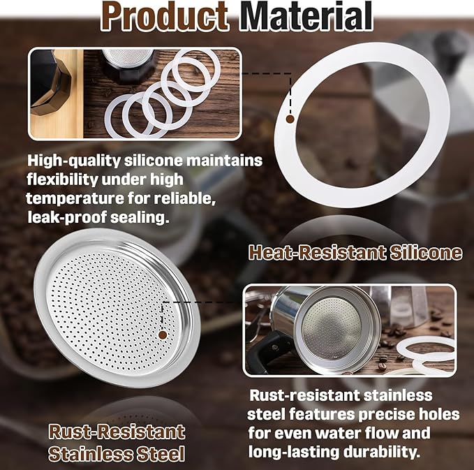 1 Set BIA640310 Espresso Machine Replacement Parts, Compatible with Bialetti Moka Express Dama 9-Cup, Includes 8 Silicone Sealing Rings And 4 Stainless Steel Filter Plates, Durable And Easy To Clean