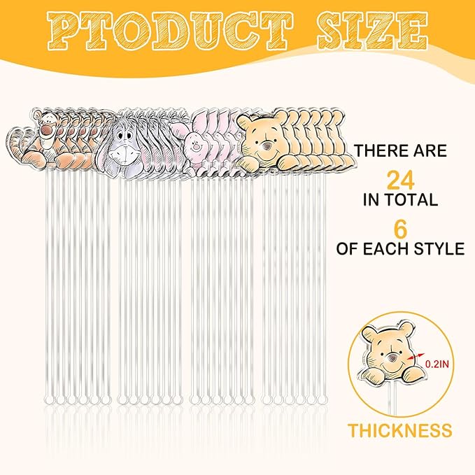24 Pcs Winnie Bear Theme Acrylic Stirring Sticks for Coffee, Cocktail, Drinks Stirrers for Baby Shower, Christmas Party Decor