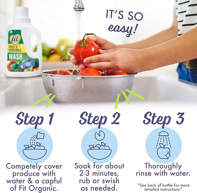 Fit Organic Soaker Produce Wash – USDA Certified Organic & Kosher Fruit and Vegetable Cleaner – Removes Surface Contaminants – Family & Pet Safe, Chemical-Free – 32 Oz (2-Pack)
