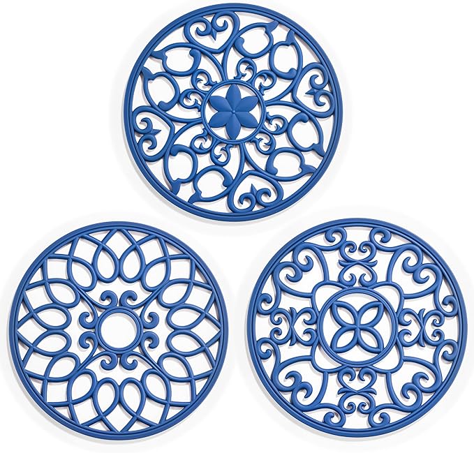 SMARTAKE 3 Set Silicone Trivet Mats, Multi-Use Carved Trivet Mat, Insulated Non-Slip Durable Kitchen Mats, Flexible Modern Kitchen Table Mat, for Hot Dishes, Pots, Dining Countertop, Navy Blue