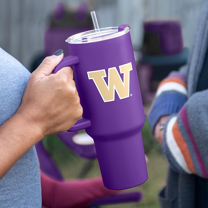 Logo Brands NCAA 40 oz Tumbler with Handle -Stainless Steel Insulated Travel Tumbler with Straw Lid – Powder Coated, Leak-Resistant, Keeps Drinks Hot/Cold – Great for Tailgating, or Everyday Use