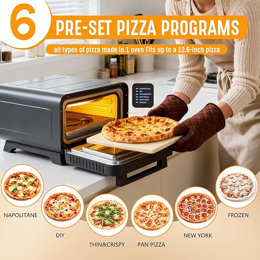 OLIXIS Pizza Oven Indoor, 1600W Electric Pizza Oven Fast Heating, 6 Presets Pizza Maker for 12 Inches, with Pizza Stone & Spatula, Upper-Bottom Independent Heating Temperature Control