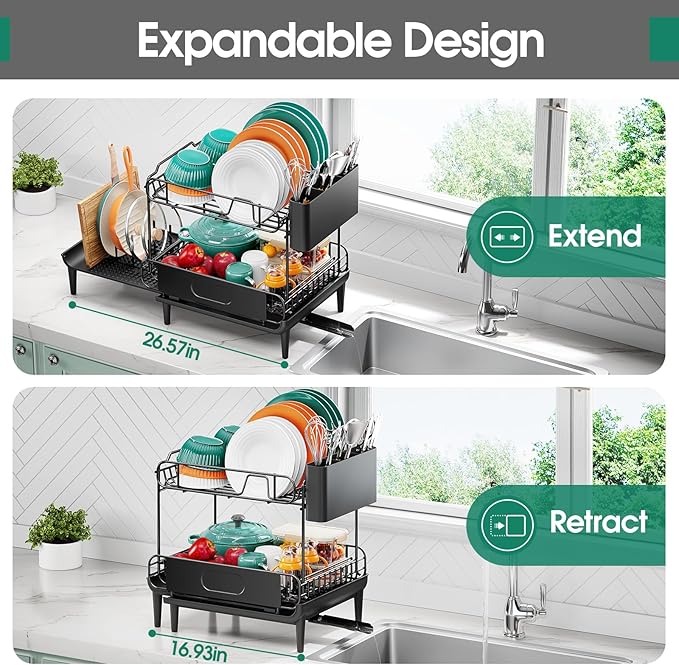 Urackify Dish Drying Rack for Kitchen Counter, Expandable 2 Tier Dish Rack, Large Capacity Dish Drainer with Drainboard Multifunctional Dish Strainer with Removable Cutlery Holder Black