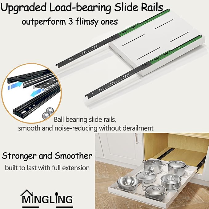 Mingling 2 Pack Pull Out Cabinet Organizer, Carbon Steel Heavy Duty Slide Out Drawer, 21" Deep White Adhesive Pull Out Drawers for Cabinets, Roll Out Shelves for Kitchen Organization, Pantry, Bathroom