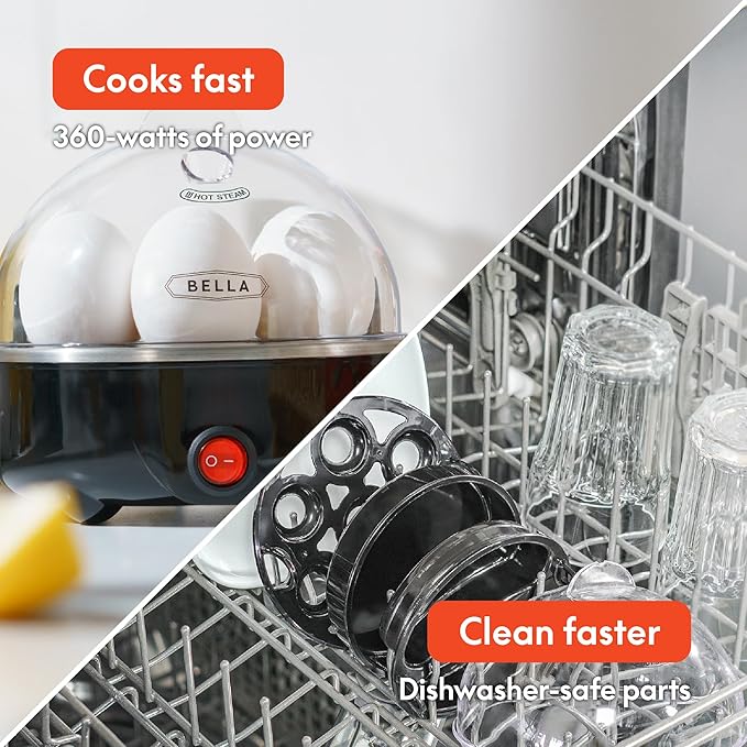 BELLA Egg Cooker, Rapid Boiler & Poacher, Meal Prep Essential, Family Sized Meals: Make Up To 7 Large Boiled Eggs, Dishwasher Safe Lid with Cool-Touch Handles, Poaching Tray Included, Black