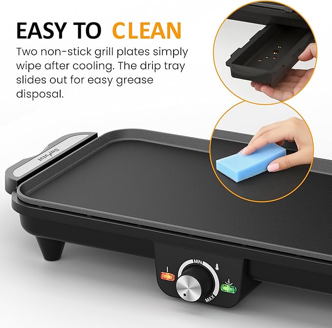 Sunvivi Large Electric Griddle 38'' x 9'', 1600W Indoor Grill with 2 Adjustable Temp Knobs, Even Heating, Nonstick Plate, Foldable Electric Grill Pan Indoor with Drip Tray, Easy to Clean
