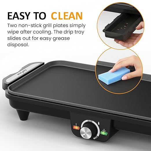 1600W Electric Griddle Indoor: Large Flat Top Grill with Nonstick Plates, 17.5" x 9", 2 Cooking Zone with Adjustable Temp, Pancake Egg Maker with Drip Tray, Indicator Light, Easy Cleanup