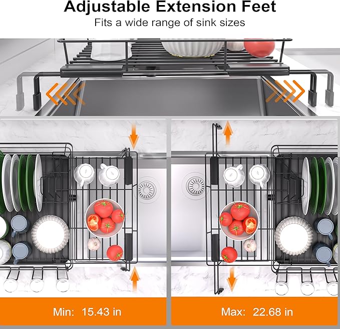 Runnatal Dish Drying Rack - Expandable Dish Rack, Large Drying Dish Drainer Over Sink with Drainboard, Utensil Holder & Cup Holder, Stainless Steel Dish Strainer for Kitchen Counter, Black