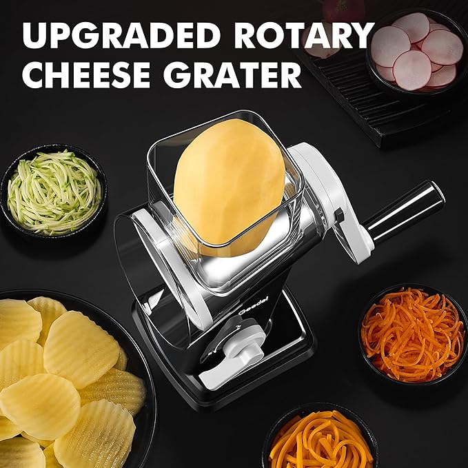 Geedel Rotary Cheese Grater - Upgraded Vegetable Shredder with 4 Interchangeable Blades, Easy to Clean Cheese Shredder with Handle, Kitchen Grater Nuts Grinder for Cutting Cheese, Vegetable, Nuts