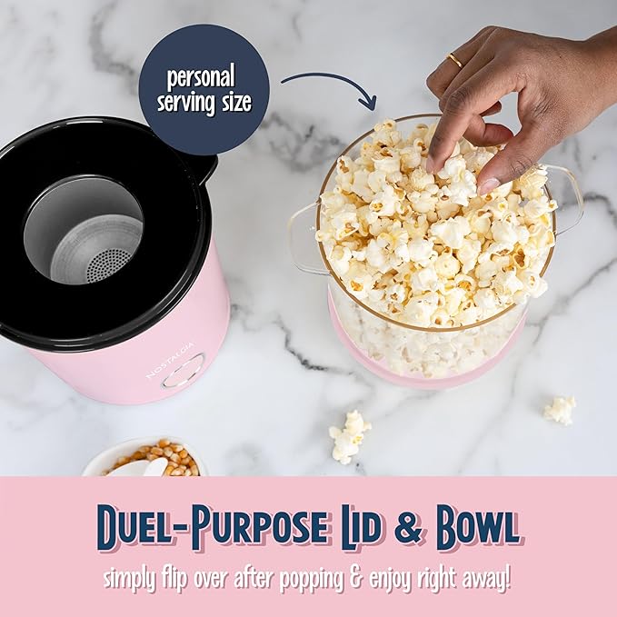 Nostalgia 8-Cup Hot Air Popcorn Maker & Bowl - 2-In-1 Bowl & Lid, 2 oz Measuring Cup - Oil-Free Pop Corn for Movie Night, Snacks, Birthday Parties, and More - Pink