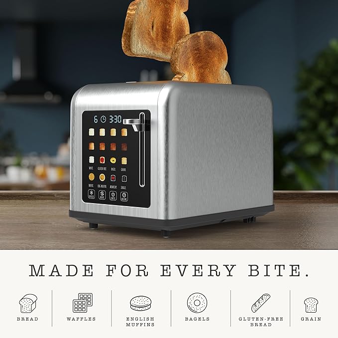 Rae Dunn 2 Slice Smart Toaster, Digital Display, Wide Slots, 8 Browning Levels, 6 Bread Types, 4 Functions (Defrost, Reheat, Cancel, Add Time), 825W Digital Stainless Steel