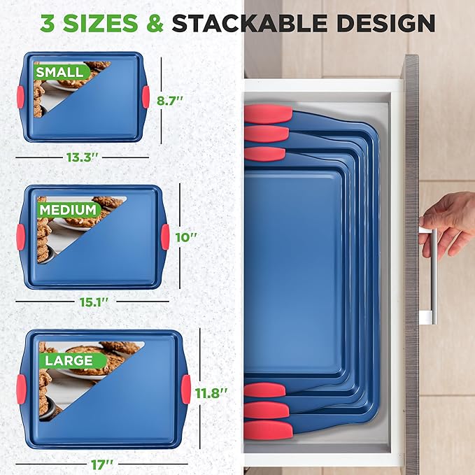 NutriChef 3-Piece Nonstick Cookie Sheets for Baking - Premium Carbon Steel Baking Trays w/ Non-Stick Smooth Coating & Silicone Handles - Large, Medium, & Small Bakeware - Blue