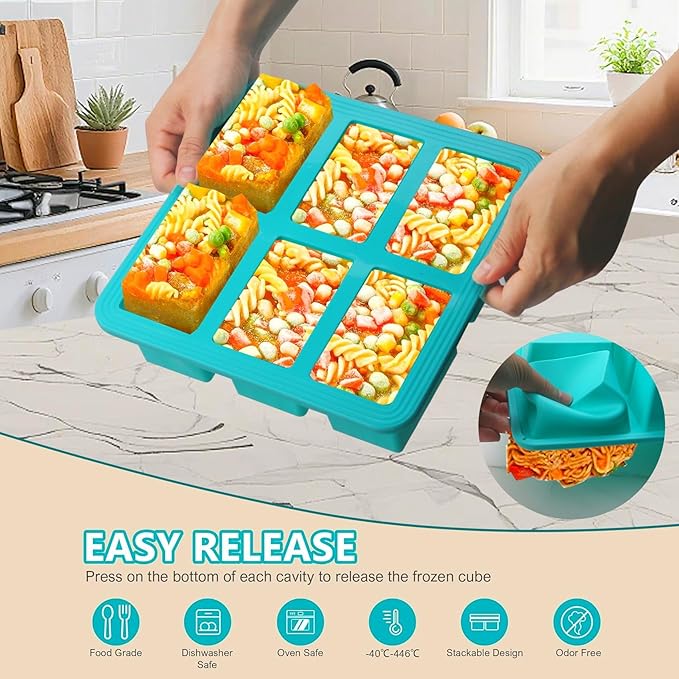 1 Cup Silicone Freezer Trays with Lid, 4 Pcs Ice Cube Freezer Molds, Silicone Ice Cube Tray, Easy Meal Prep, Silicone Mold for Soup and Food Storage(Aqua 4 Pack)