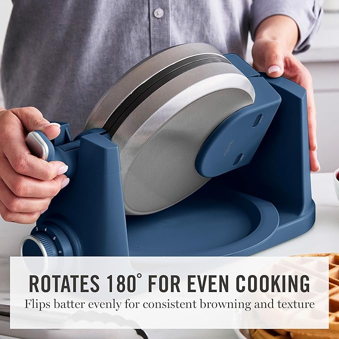 Martha Stewart Rotating Waffle Maker, 180° Flip Iron with PFAS-Free Nonstick Plates, Adjustable Timer, Ready Light, Drip Tray, Space Saving, Classic Round 7”, Easy to Clean, Stainless Steel, Indigo