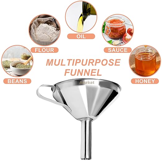 Anaeat Stainless Steel Kitchen Funnel, Multi-Use Premium Metal Food Grade Cooking Funnels with 2 Removable Strainer Filter for Transferring Liquid or Dry ingredients, Oils & 1 Pc Cleaning Brush (4.1")